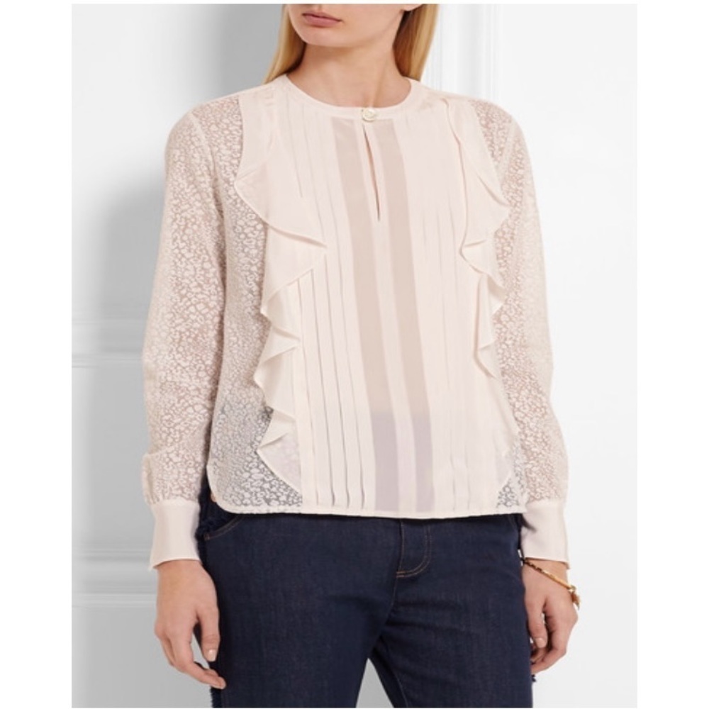 See by Chloe Lace Paneled Ruffled Top Silk Crepe De Chine Cloud White Sz 42 XL